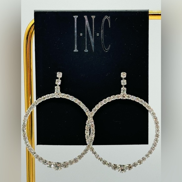 INC Rhinestone Post Circle Earrings in Silver Tone 2 inch approx - Picture 6 of 6